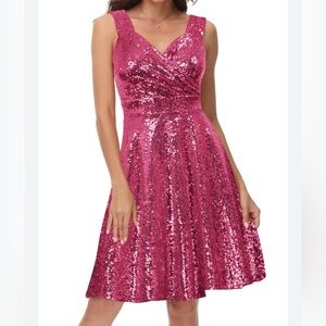 GRACE KARIN Hot Pink Sexy Sequin Sparkly Full Skirt Party Club Dress Sz S